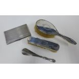 Silver cigarette case, Chester 1946, Birmingham silver backed hair brush, clothes brush and a silver