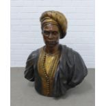 Large bronze patinated and painted metal bust of a Moor style figure, 70cm