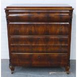 19th century flame mahogany chest with four graduating long drawers on carved cabriole legs, 99 x