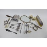 Mixed lot with silver napkin rings, silver backed hand mirror and clothes brush and various silver