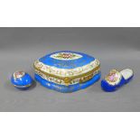 Limoges porcelain and gilt metal mounted trinket box and cover, 19cm, miniature clog and an egg, (3)