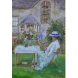 20th century oil on board of a woman in a garden, signed indistinctly, framed, 17 x 25cm