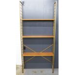 Mid century Ladderax style single bay shelving unit with three shelves and metal side supports, 94 x