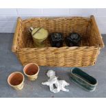 Vintage style tins, planters and watering can, plaster cupid and a wicker basket, etc (7)