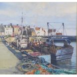 J. Watson, watercolour and gouache of a harbour scene, signed and framed under glass, 30 x 30cm