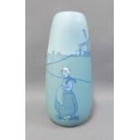 Weller, American art pottery vase, blue ground with Dutch windmill and girl pattern, impressed