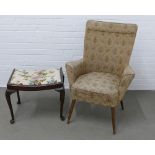 Vintage armchair and a dressing stool with floral upholstered seat on cabriole legs, (2) 69 x 93cm