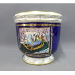 Limoges planter, blue ground with a handpainted scene depicting a sleigh ride with a tiger and