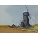 American School - windmill in sunlight, watercolour, framed under glass and signed indistinctly,
