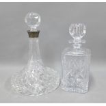 Ships cut glass decanter and stopper with silver collar, together with a square cut crystal spirit