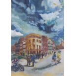 A busy street scene with tenements, watercolour and gouache, signed indistinctly, framed under