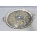 Large Epns tray, oval outline with engraved pattern and handles to side, 74cm