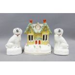 Staffordshire cottage pastille burner and pair of miniature chimney spaniels, (3) tallest 14cm
