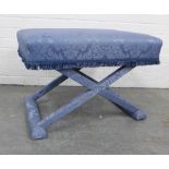 Dressing stool, the whole upholstered with pale blue damask fabric, with a rectangular top on an x