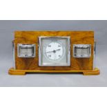 Art Deco walnut and chrome barometer with thermometer and hygrometer dials, 30cm