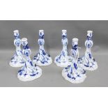 Set of six Meissen blue and white 'Onion' pattern candlesticks with moulded nozzles and trailing