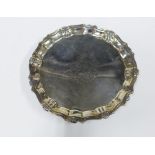 George II silver card tray, London 1738, of circular outline with a shell cast border, engraved