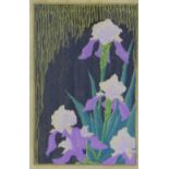 Carl Theodor Thiemann (1881 - 1966) 'Irises', Art Deco woodblock, signed and framed under glass,
