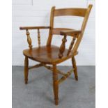 Pine open armchair with solid seat and turned legs, 88 x 57 x 42cm