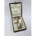 Spanish silver cup, saucer and teaspoon set, with engraved floral pattern, in fitted box for Pablo