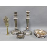 A pair of Epns knop stemmed candlesticks, wine coaster, cream jug and brass cross, etc (5)