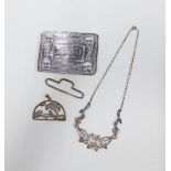 Mackintosh style style necklace, a silver pendant and a plated Celtic buckle (3)