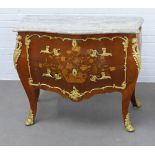 French Louis XVI style marquetry bombe chest with marble top, 103 x 84 x 51cm