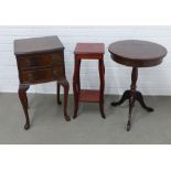 Vintage two drawer chest on cabriole legs, drum table and jardinière plant stand, (3)