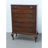 Mahogany chest with six long drawers and cabriole legs, 77 x 112 x 38cm
