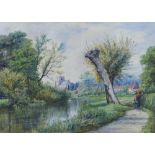 English School rural landscape with figure, watercolour, apparently unsigned, framed under glass, 37