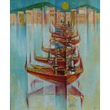 George Tuckwell (1919-2000), oil on board of Gondolas on the Grand Canal, Venice, signed with