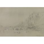 William Callow RSW 1812 - 1908, Dinant on the Meuse, Belgium, pencil drawing on buff paper,