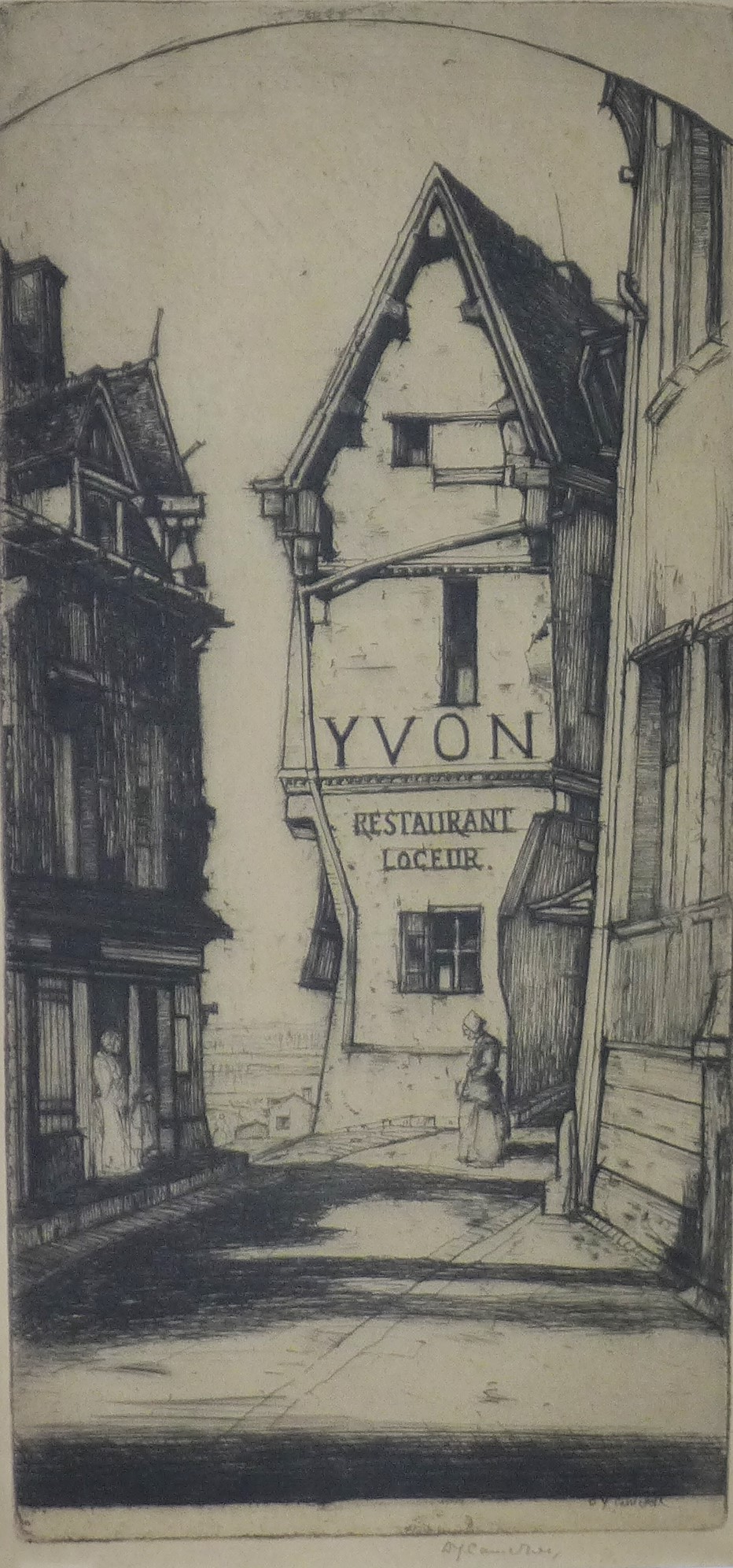 DY Cameron, Yvon Restaurant, etching, signed in pencil, framed under glass, 13 x 28cm