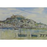 Jane Fyfe, Ibiza Harbour, gouache, signed and framed under glass, 50 x 38cm