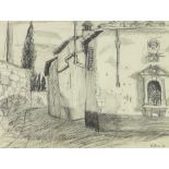 David McClure RSA, RSW, RGI, (1926 - 1998) 'Roadside Shrine, Sicily, 1958', conte drawing on