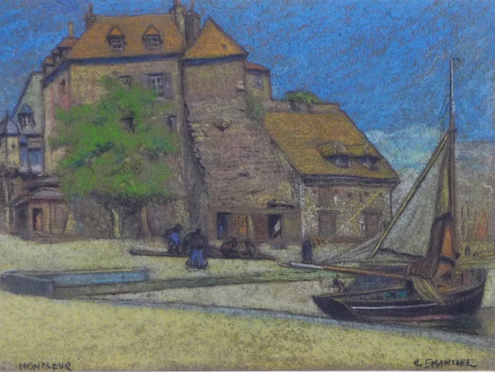 Charles Emanuel 1850 - 1910, 'Honfleur', coloured chalks on paper, signed and framed under glass, 19