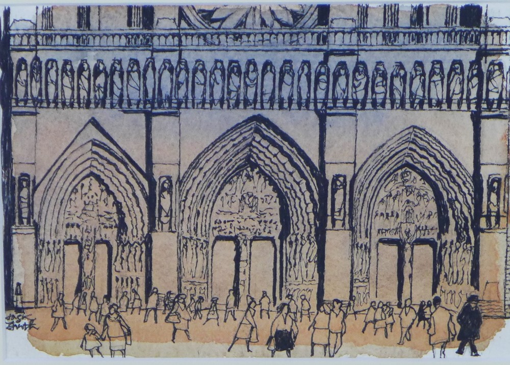 Jack Firth RSW (Scottish 1917-2010) Notre Dame with Figures, mixed media, signed, framed under