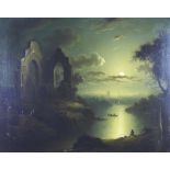 Moonlit scene with river and distant town, oil on canvas, apparently unsigned, in an ornate frame,