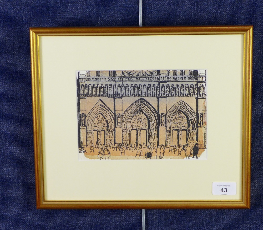 Jack Firth RSW (Scottish 1917-2010) Notre Dame with Figures, mixed media, signed, framed under - Image 2 of 2