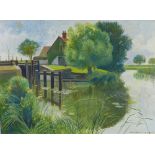 George Tuckwell (1919-2000), oil on board of a riverside House, signed framed 55 x 39cm