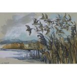 Liz Myhill (Contemporary) Curlews over Reeds, mixed media on paper, signed and framed under glass,