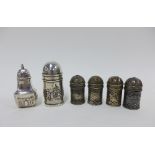 Various silver pepper pots, mixed makers and hallmarks, (6)
