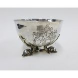 Berthold Muller silver bowl, with planished bowl raised on dolphin supports, with engraved crest,