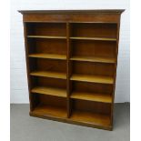 Two section reproduction open bookcase, with adjustable shelves and harebell garland marquetry,