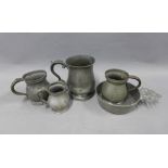 Collection of antique pewter items to include a bleeding bowl and four tankards (5)