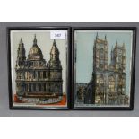 A pair of glass and paua shell panels, one depicting St Paul's Cathedral and the other Westminster