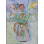 Irene Leslie Main, (Scottish b.1959) still life jug of flowers, watercolour, signed and framed under