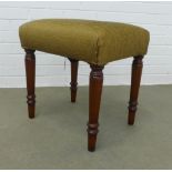 Upholstered dressing stool on turned mahogany legs, 48 x 48 x 40cm