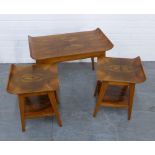 1950's Remploy walnut veneered plywood table and stools, table 69 x 47 x 38cm (3)