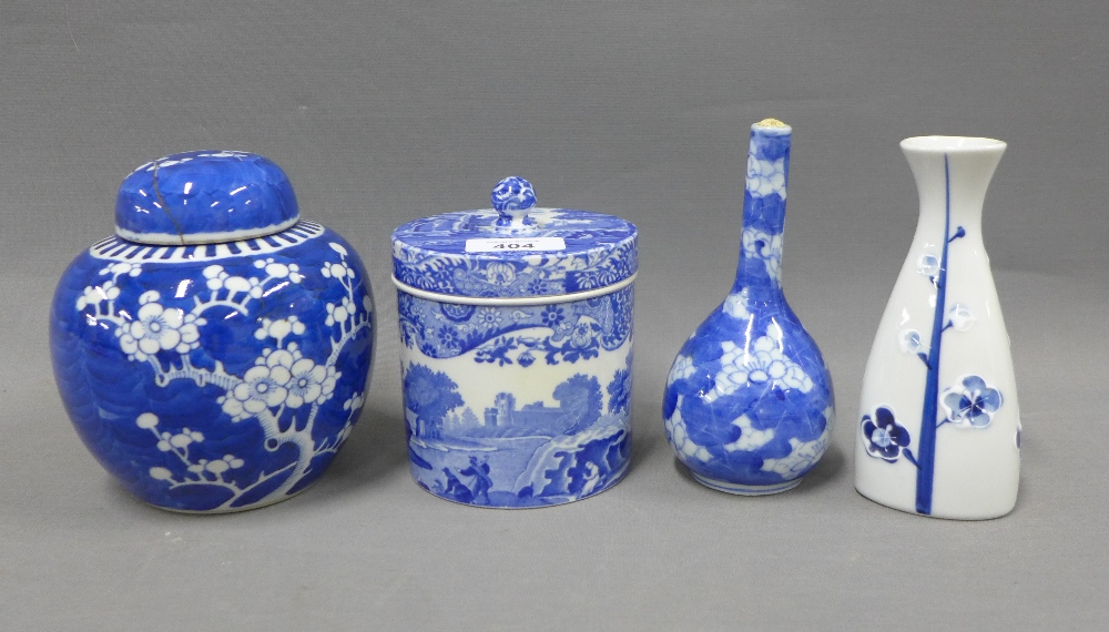 Blue and white pottery and porcelain to include Spode's Italian jar and cover, Chinese prunus vase